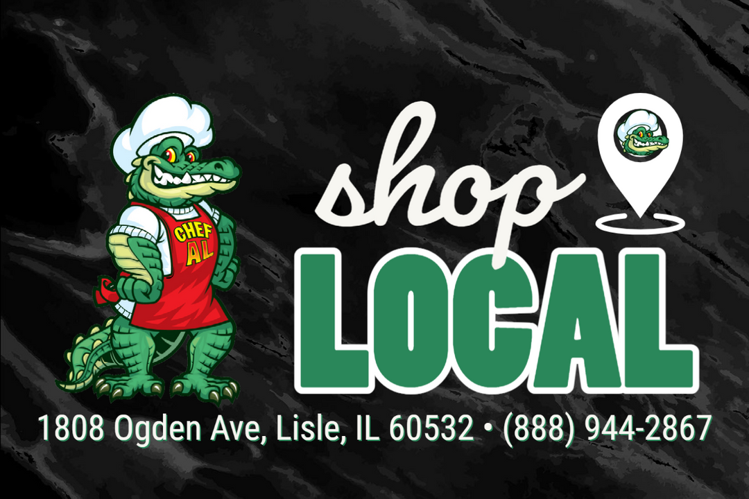 Gator Chef mascot, Chef Al, next to a slogan encouraging shopping local at 1808 Ogden Ave, Lisle, IL 60532