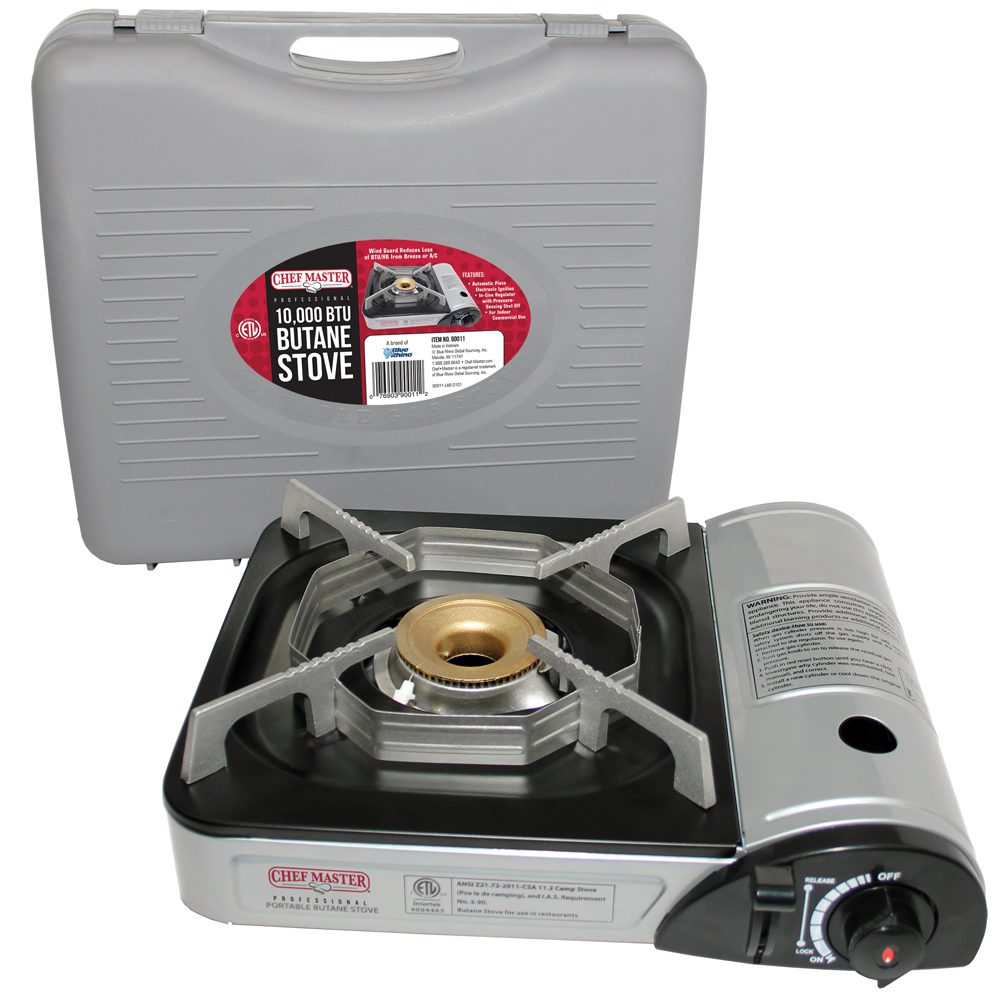 Chef Master 90011 Portable 10,000 BTU Countertop Butane Stove Burner shown with carrying case