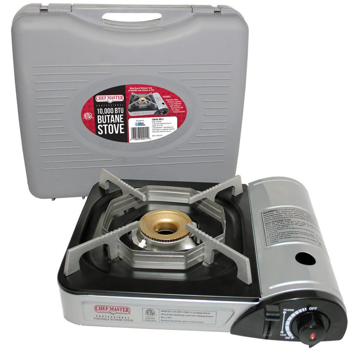 Chef Master 90011 Portable 10,000 BTU Countertop Butane Stove Burner shown with carrying case