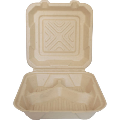 9" x 9" x 3" Sugar Cane Compostable Take-Out Container with Hinged Clamshell Lid and Three Compartments (ITI TG-B-993)