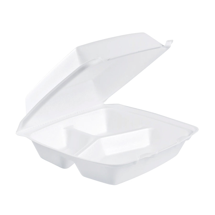 Dart 85HT3R 8” x 8” x 3” White Foam Three-Compartment Hinged Lid Take-out Container – Sold 200 Containers per Case | Gator Chef Restaurant Equipment & Kitchen Supplies
