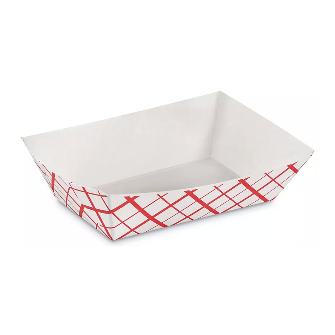 #300 3 Lb. Red Plaid Design Paper Food Tray – Sold 500 Trays per Case | Gator Chef Restaurant Equipment & Kitchen Supplies