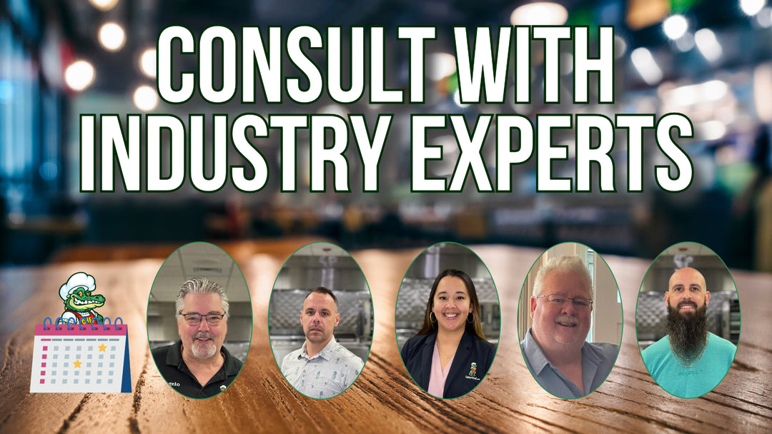 Consult With Industry Experts title with a Gator Chef branded calendar and portraits of our dedicated restaurant industry consultants with a blurred bar in the background