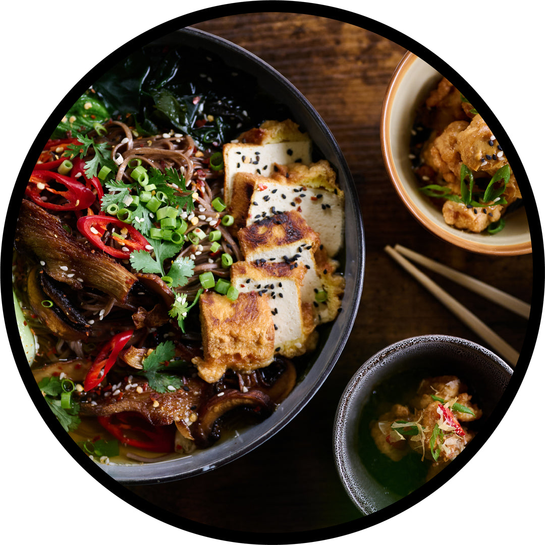 Top view of a ramen bowl meal