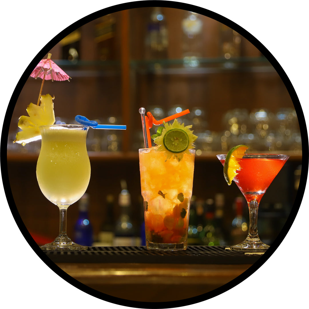 Cocktails ready to drink on bar mat