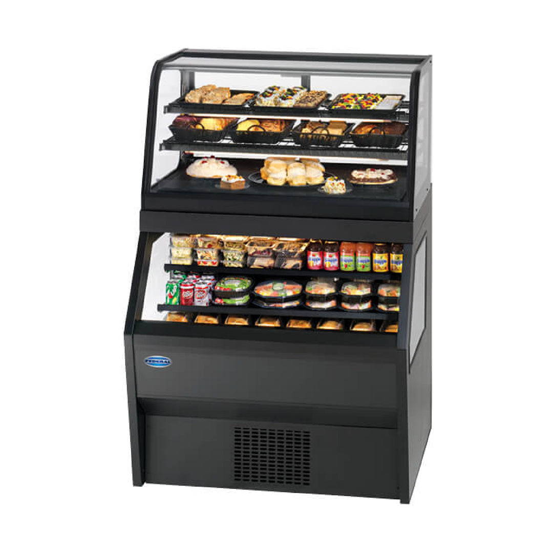 Federal Industries Refrigerated Self-Service Display Case full of grab n' go food and drinks sold at Gator Chef Restaurant Equipment & Kitchen Supplies