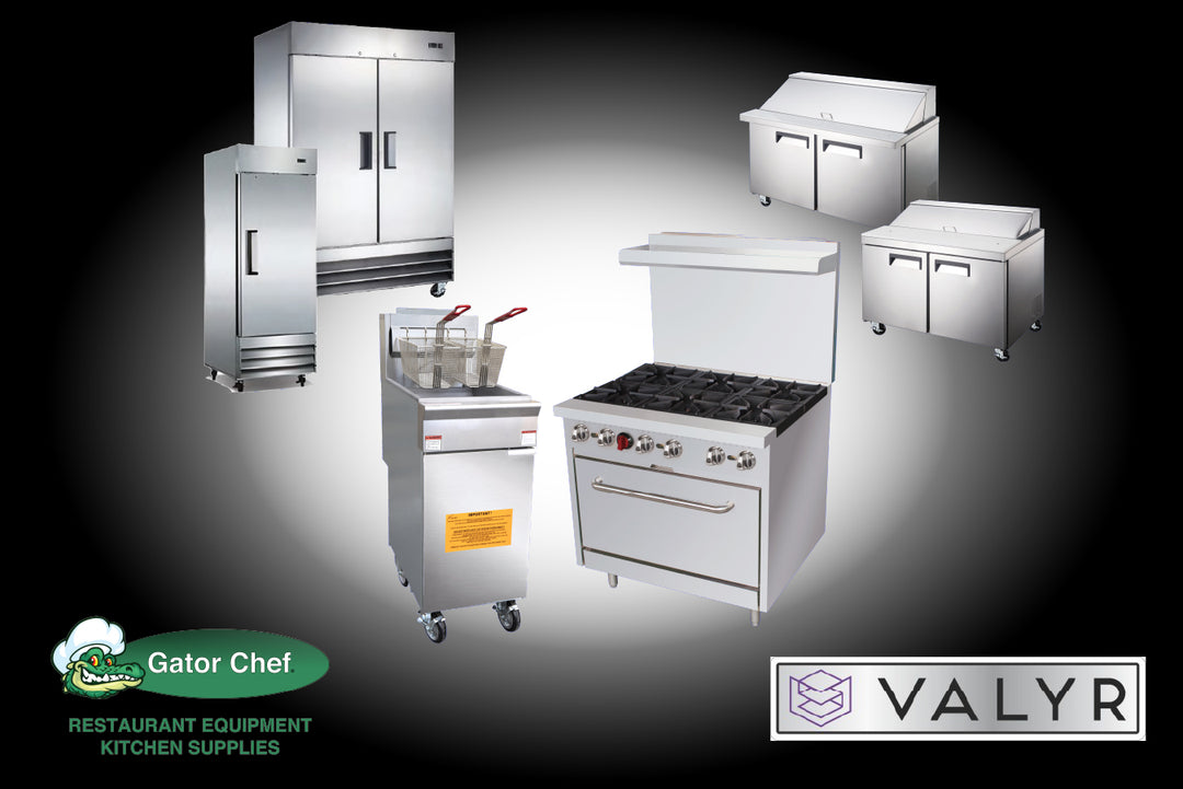 Collage of Valyr Cooking and Refrigeration Equipment with a black and white gradient background