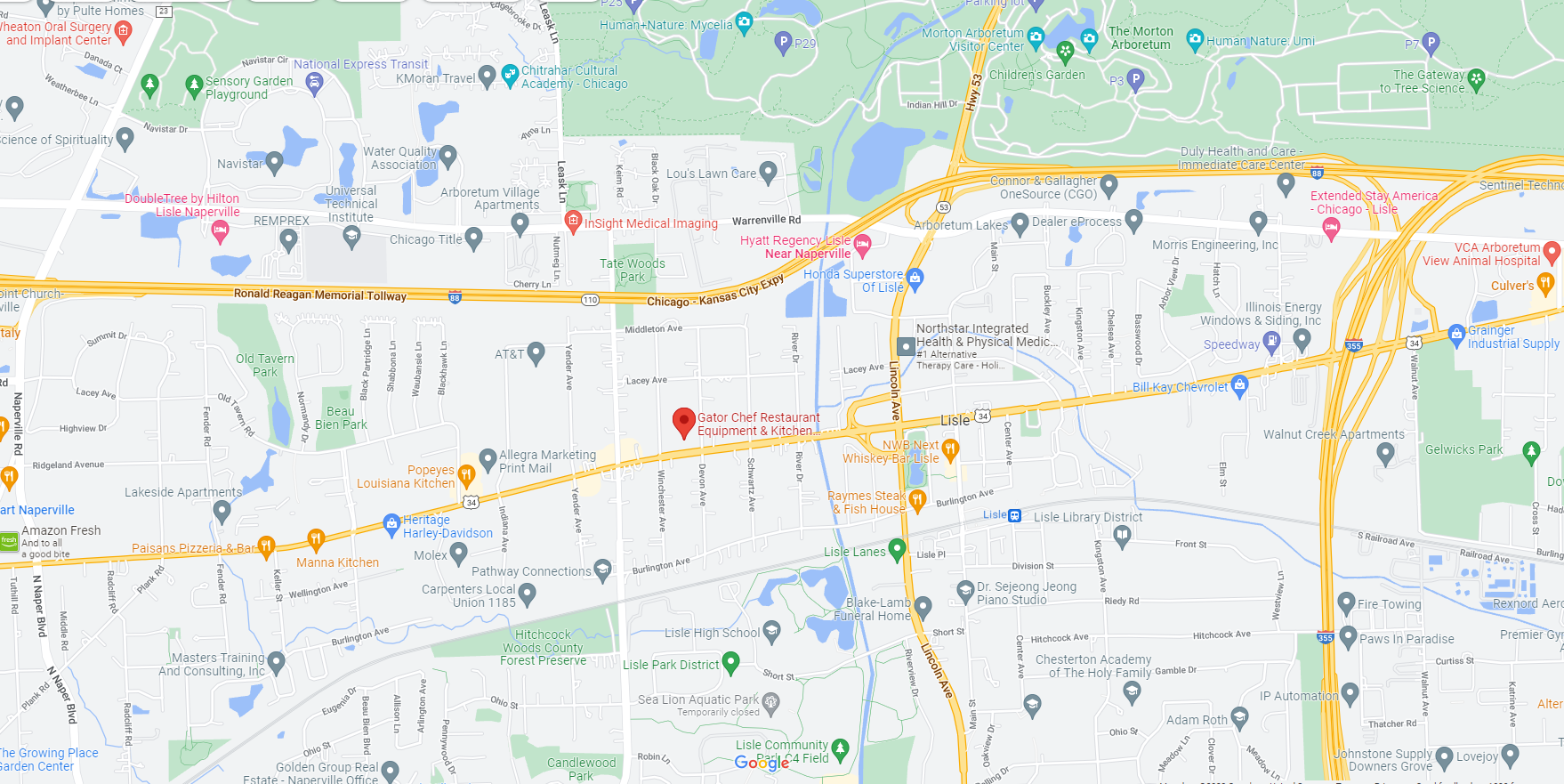 Google Maps screenshot of our store location on Ogden Ave, west of I-355 and South of I-88