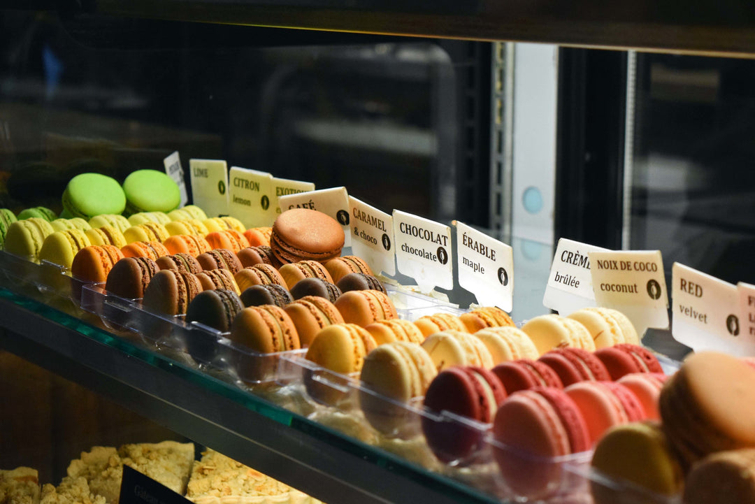 Macarons in a bakery display case