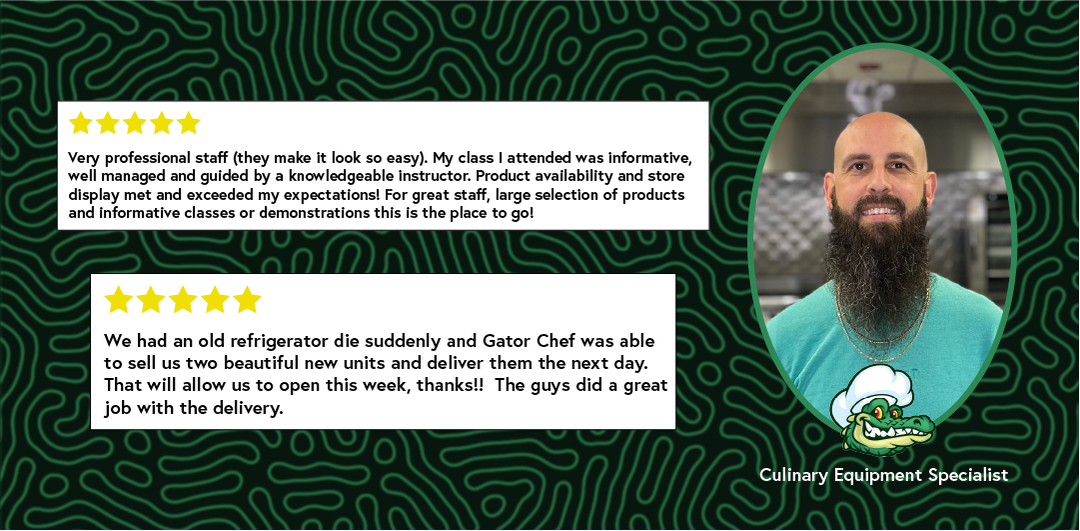 Portait of our sales rep Wolfie and some screenshots of Google Reviews