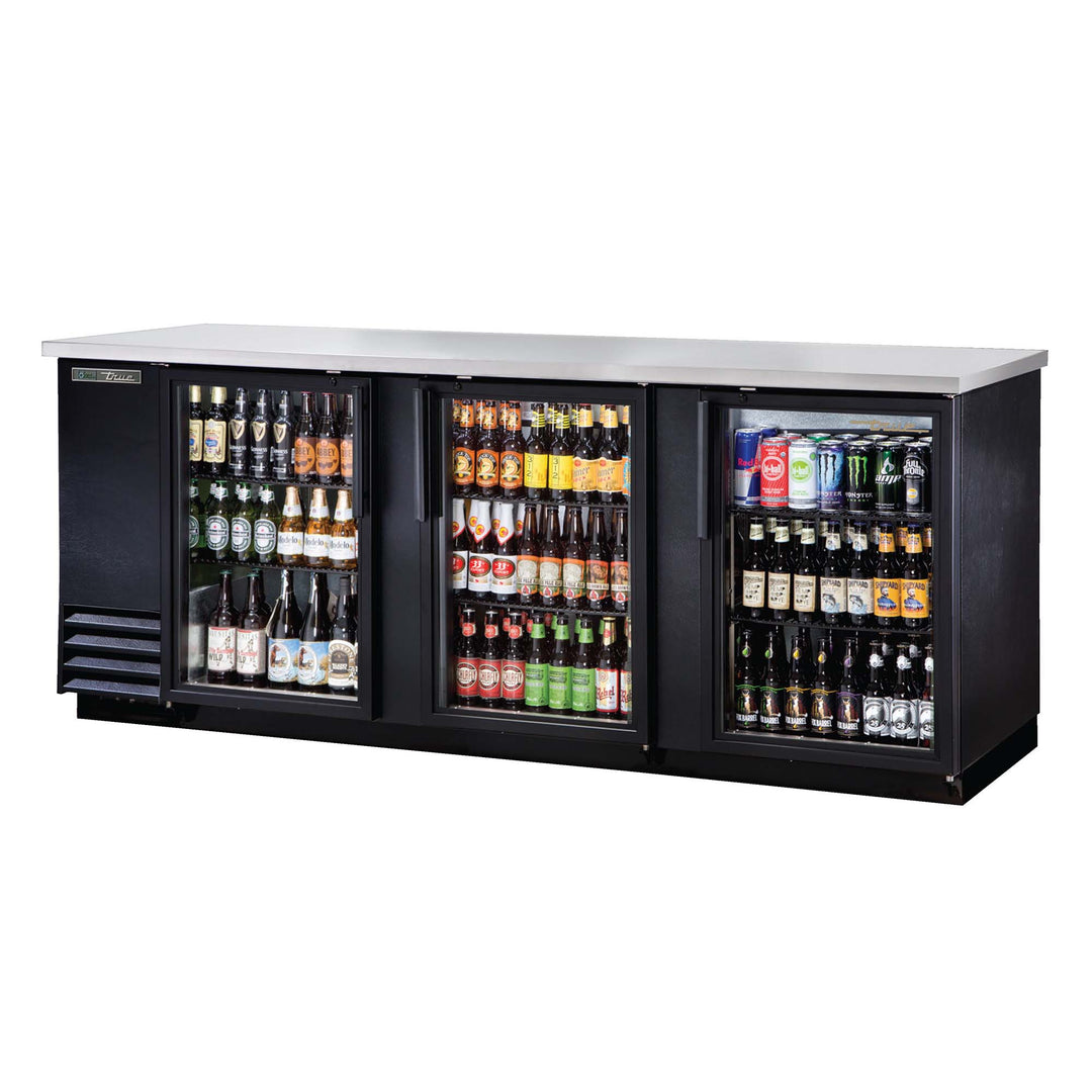 True 90" Glass Door Back Bar Refrigerator True Mfg TBB-4G-HC-LD