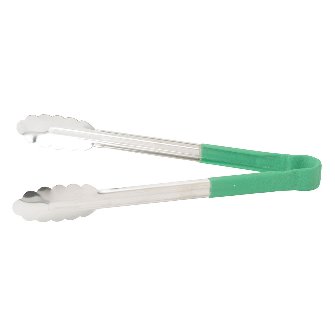 Winco 12" Heat Resistant Heavy Duty Stainless Steel Scalloped Utility Tongs, Green (Winco UTPH-12G)