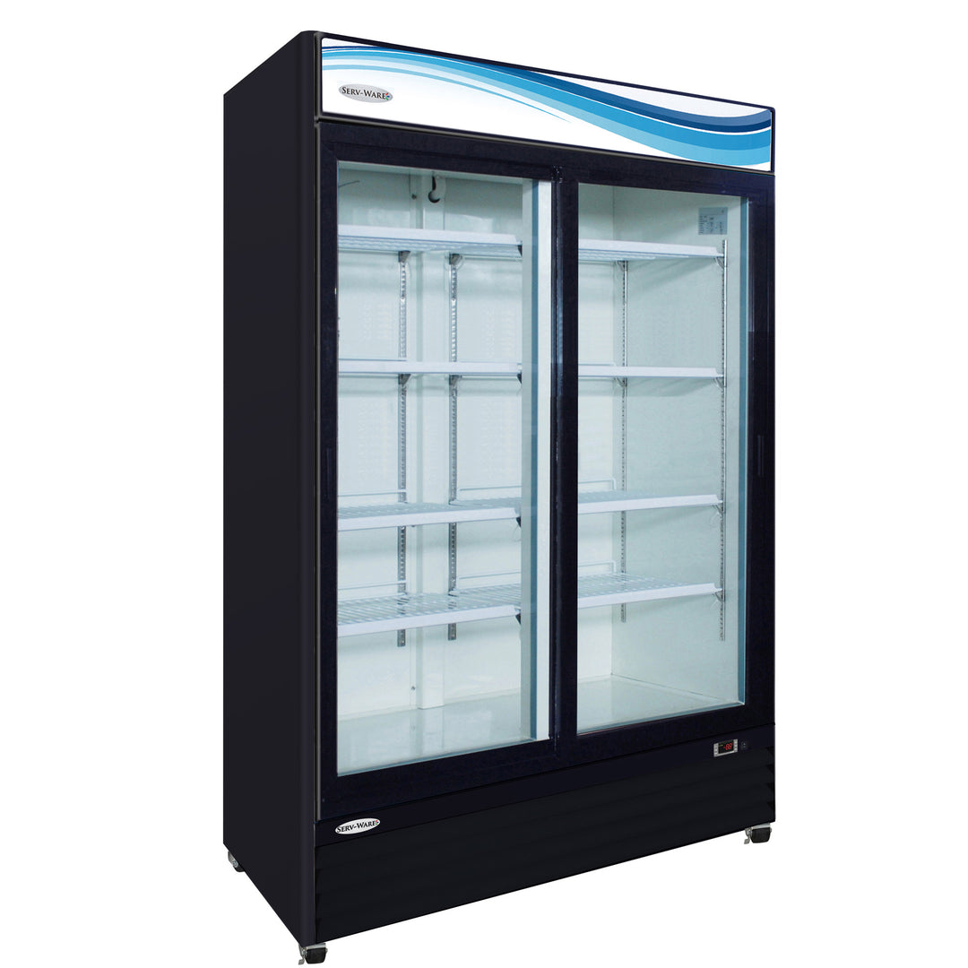 Serv-Ware GR48SB-HC 2-Slide Glass Door Merchandiser Refrigerator with Black Colored Exterior Cabinet