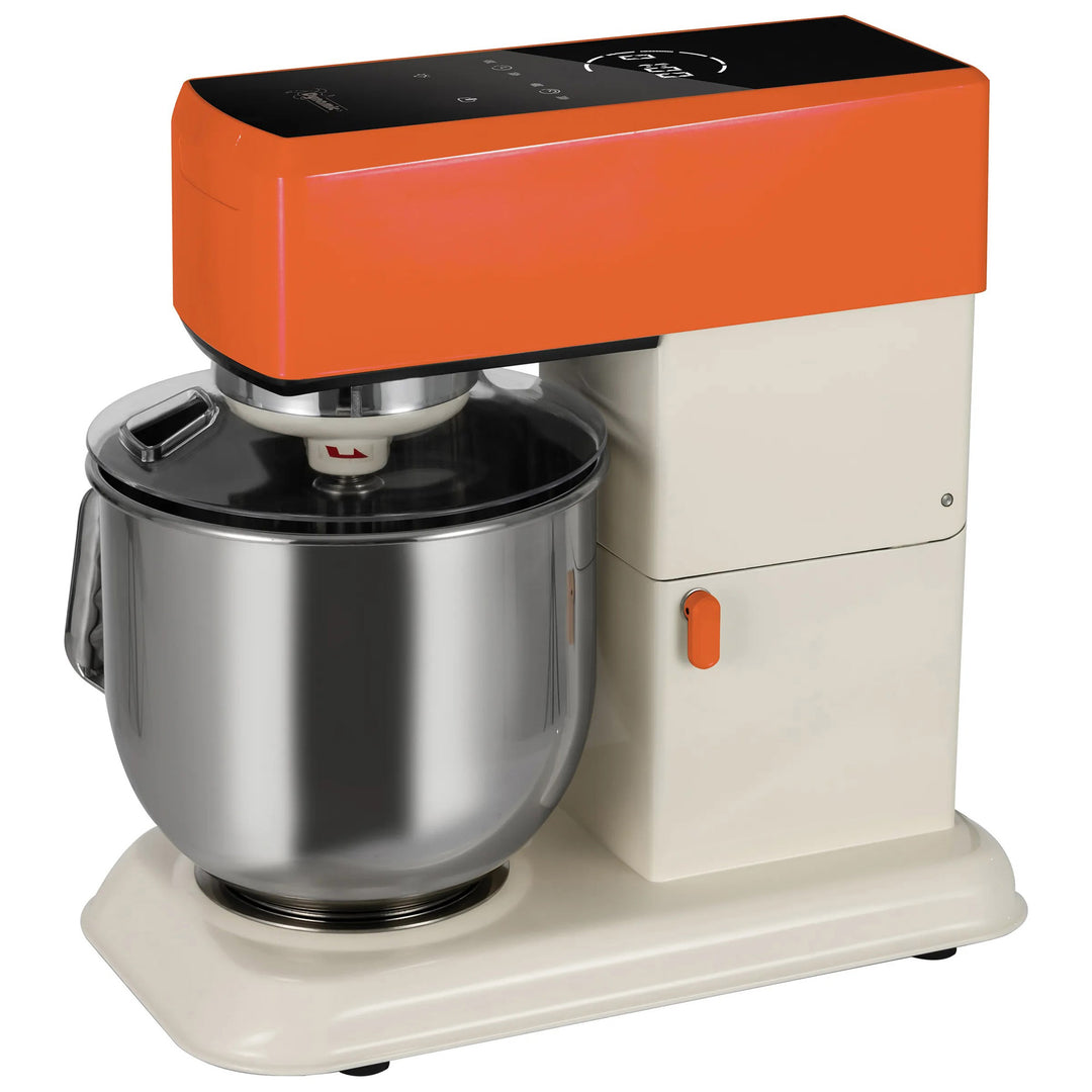 8 Quart commercial countertop mixer by Dynamic. Model LT7 PM001.1, 120 Volt for Countertop production. Side-view showing bowl, housing and controller.