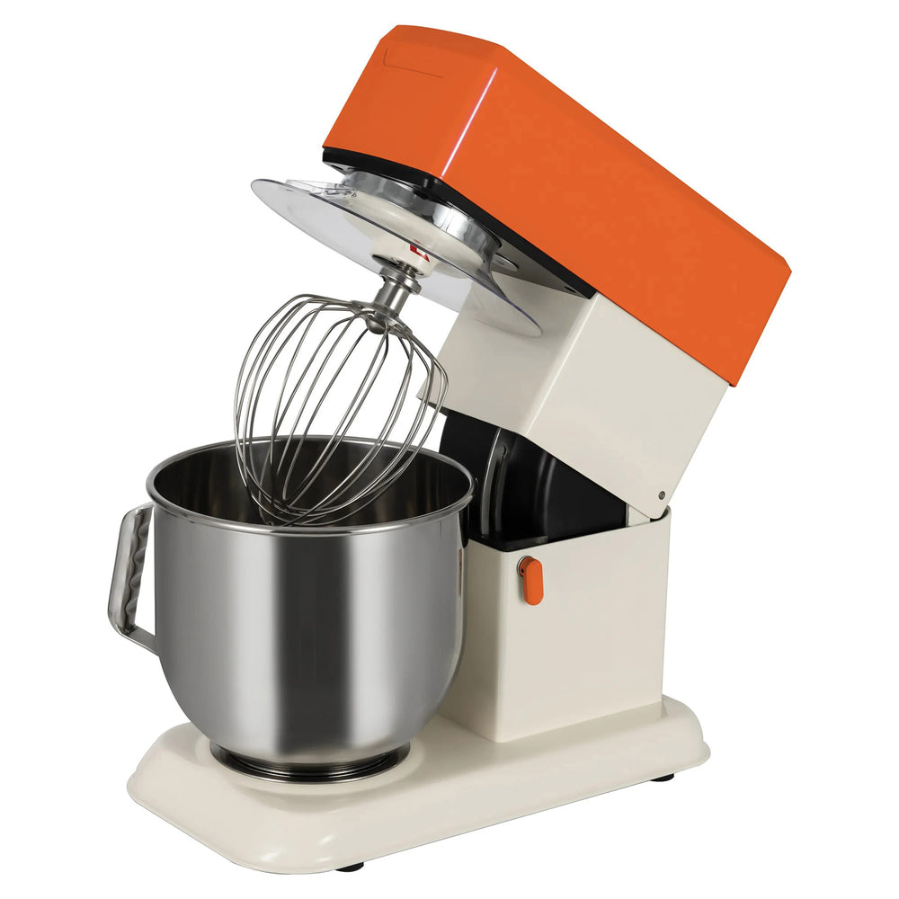 8 Quart commercial countertop mixer by Dynamic. Model LT7 PM001.1, 120 Volt for Countertop production. Shown with tilt head in up position.
