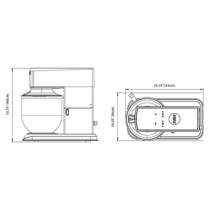 8 Quart commercial countertop mixer by Dynamic. Model LT7 PM001.1, 120 Volt line drawing showing mixer dimensions.
