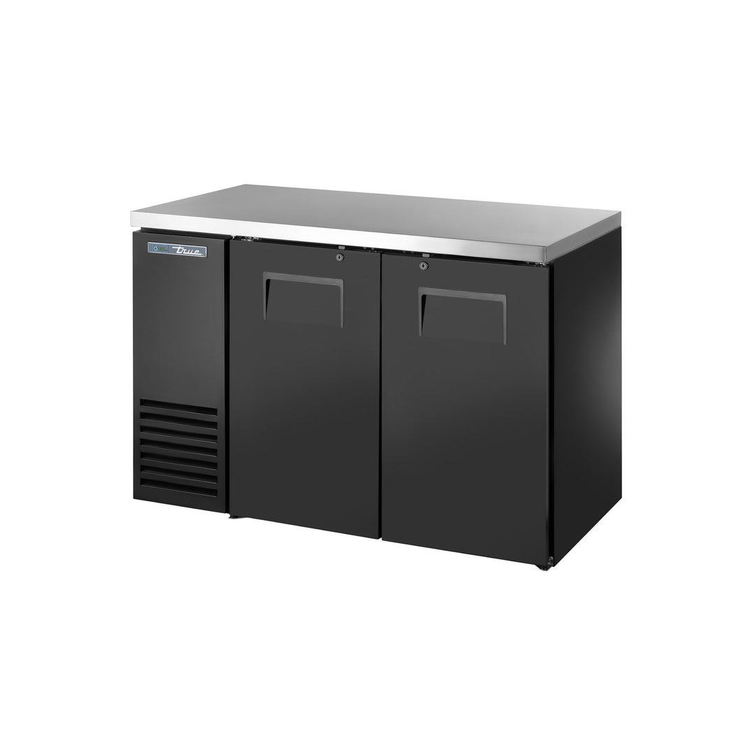 True TBB24-48-2S-Z1-SFT-B-1 48" Two-Section Solid Door Back Bar Cooler with Stainless Steel Top & LED Lighting – Made in USA