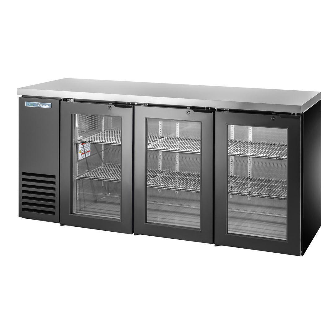 True TBB24-72-3G-Z1-SFT-B-1 72" Glass Door Back Bar Refrigerator with LED Lighting & Stainless Steel Top – Made in USA