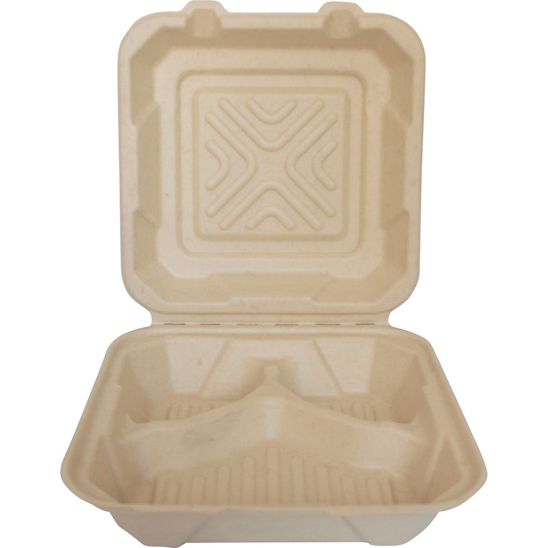 9" x 9" x 3" Clamshell hinged lid sugar cane 3-compartment take-out container - TG-B-993 | Sold By Gator Chef