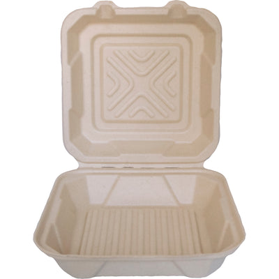 9" x 9" x 3" Sugar Cane Compostable Take-Out Container with Hinged Clamshell Lid (ITI TG-B-99)