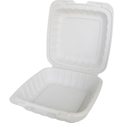 8” x 8” x 3” Plastic Take-Out Container White with Hinged Clamshell Lid Single Compartment (ITI TG-PM-88)