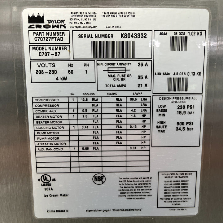 USED Taylor Soft Serve Single 1-Flavor w/ Cart - (Taylor C707-27-U10032)