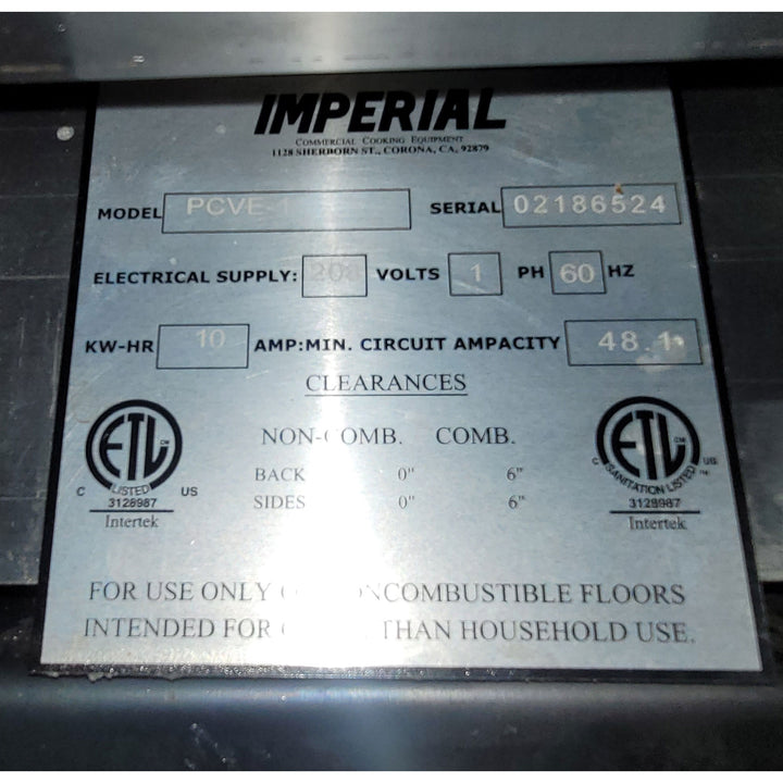 Used Imperial Electric Convection Oven Model PCVE-1 - Electrical Name Plate