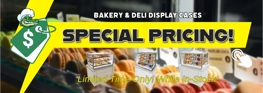 Special Pricing lightning bolt banner with Chef Al price tag for bakery and deli display cases and macaroons in background - limited time only