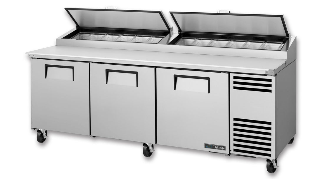 True TPP-AT2-93-HC 93" Pizza Prep Table Refrigerator with 12 Ingredient Pans, Three Doors & R290 Refrigerant – Made in USA