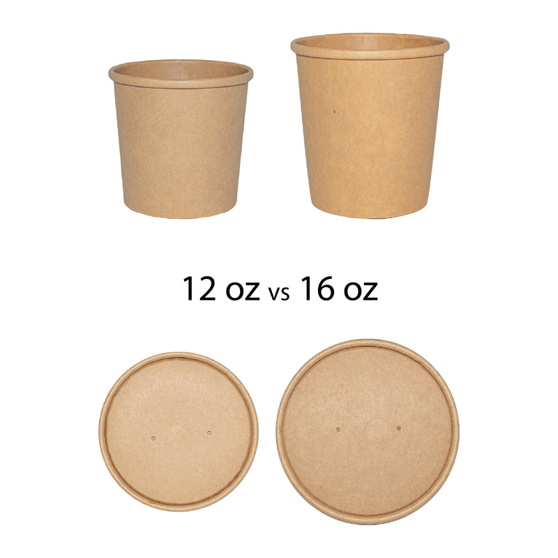 Size Comparison of 12oz vs 16 oz for 16 Oz Kraft Soup Cup and Lid - 500 Cups w/ 500 Lids (ITI TG-KS-16-KIT)