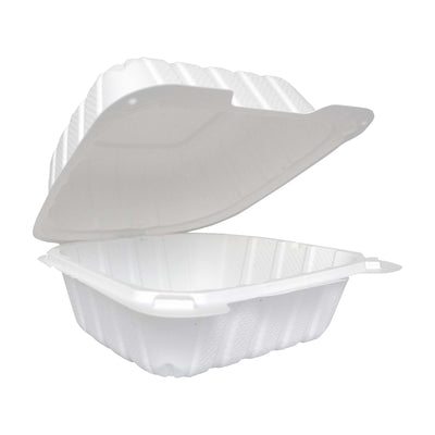 6” x 6” x 3” Plastic Take-Out Container White with Hinged Clamshell Lid Single Compartment (ITI TG-PM-66)