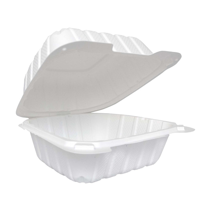 6" x 6" x 3" Clamshell hinged lid plastic take-out container - TG-PM-66 |Sold By Gator Chef
