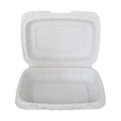 9” x 6” x 3” Plastic Take-Out Container White with Hinged Clamshell Lid Single Compartment (ITI TG-PM-96)