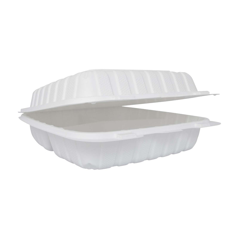 9" x 9" x 3" Clamshell hinged lid plastic 3-compartment take-out container - TG-PM-993 |Sold By Gator Chef