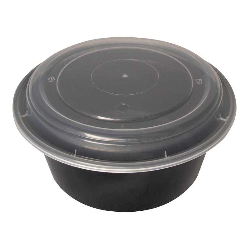 48 Oz Round Black Plastic Take-Out Container with Lid-TG-PP-48-R | Sold By Gator Chef