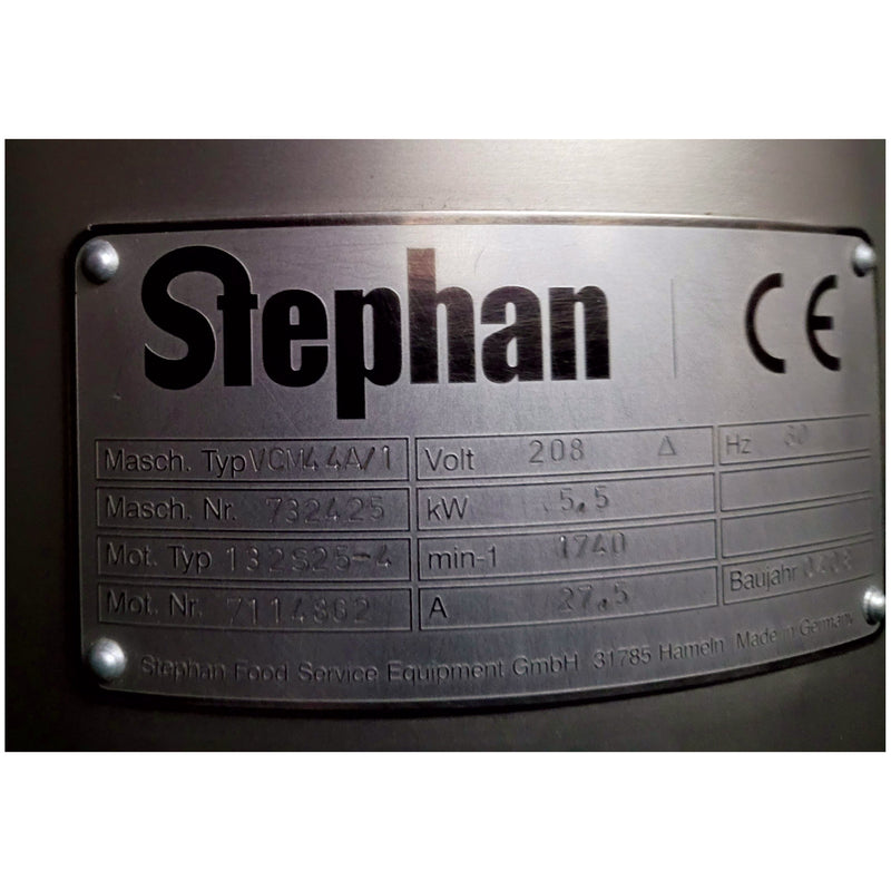 Product Name Plate - USED Stephan 45 Quart Vertical Mixer Cutter VCM44A/1 208V 3-Phase