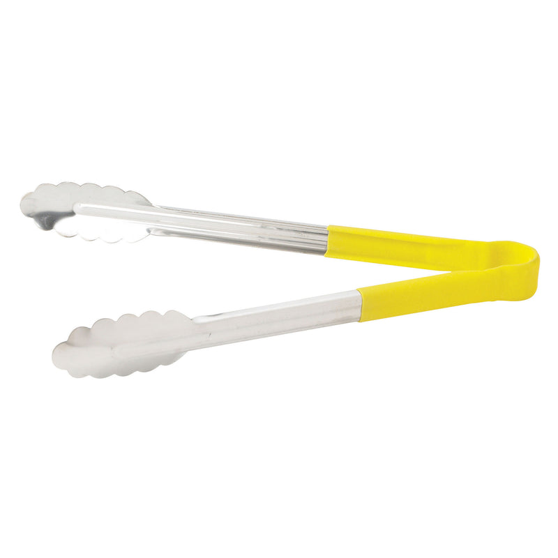 Winco 12" Heat Resistant Heavy Duty Stainless Steel Scalloped Utility Tongs, Yellow (Winco UTPH-12Y)