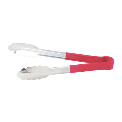 Winco 9" Heat Resistant Heavy Duty Stainless Steel Scalloped Utility Tongs, Red (Winco UTPH-9R)